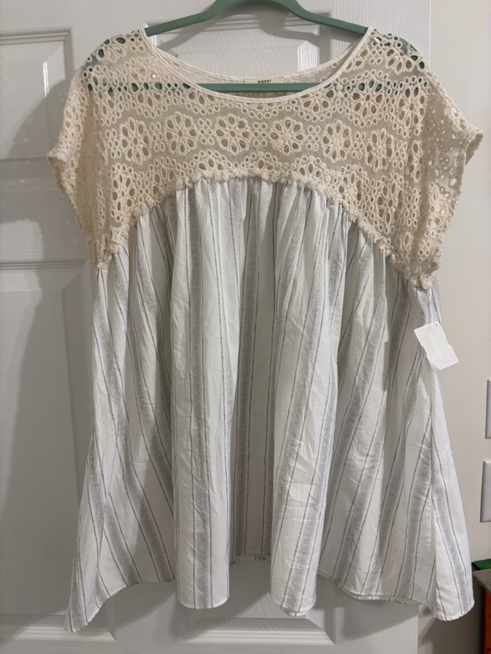 Crochet Yoke Striped Swing Top - Cream & White